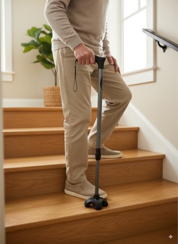 Image of Walking Stick with 4-Legs | Stick for Old People | Adjustable Height, Heavy Duty, Lightweight Walking Stick for Senior Citizens & Patients with Anti-Slip Base | Mild Steel (Silver).