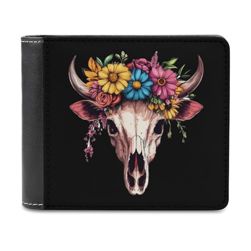 Cow Skull Flowers Bifold Wallet PU Leather Slim Purse Pocket Wallet with Card Holder for Women Men