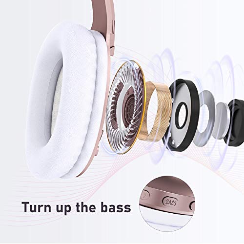 LETSCOM Bluetooth Headphones, 100 Hours Playtime Bluetooth 5.0 Headphones Over Ear with Deep Bass, Hi-Fi Sound and Soft Earpads, Built-in Mic, Wired/Wireless Headset for Home Office-Rose Gold - Thumbnail 2