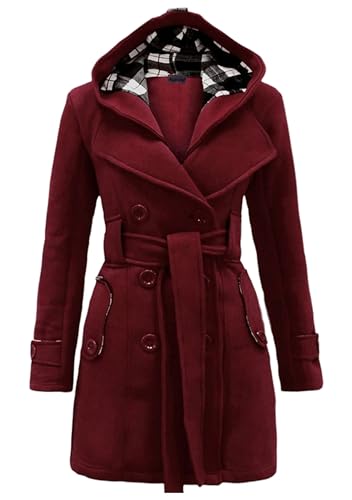 Image of MAYRAIN Womens Outdoor Thicken Double Breasted Jacket Wool Blend Winter Pea Coat Casual With Belt Hooded Coat Wine Red M