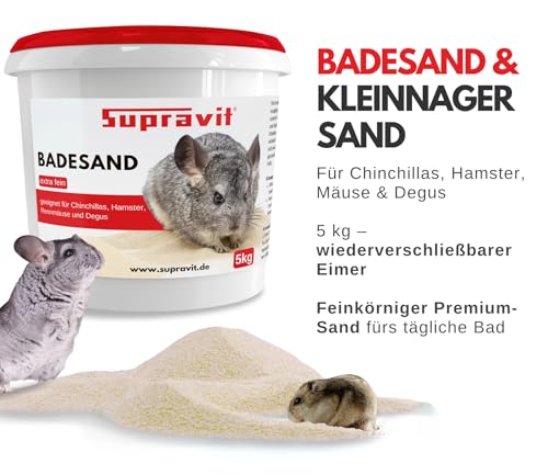 Supravit Chinchilla Sand fein | 5kg feiner Badesand | Staubfreier Sand | Sandbad für Hamster | Nagerbadesand für Chinchilla, Degu, Gerbil, Farbmaus, Kleintiere