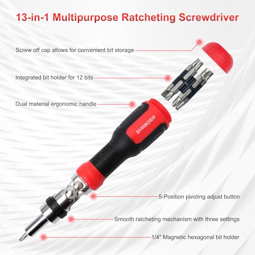 Image of SHARDEN 13-in-1 Ratchet Screwdriver Multi Screwdriver Tool All in One | Ratcheting Screwdriver Set with Phillips, Flat Head, Torx, Hex, Square, 180 Degree Pivoting Adjustable Angle Screw Driver