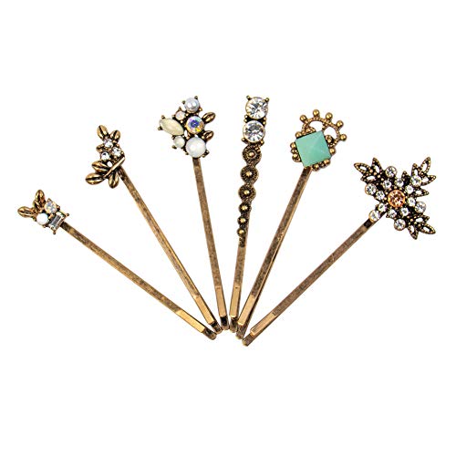 AUEAR, 6 Pack Vintage Rhinestone Barette Bobby Pins Crystal Hair Clip Pin Set Hair Accessories for Women and Girls