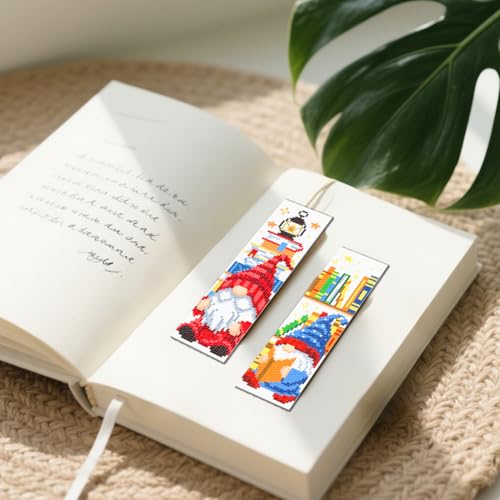 Image of FREEBLOSS 6 Set Cross Stitch Bookmark Kit 11 CT Stamped Cross Stitch Kit DIY Embroidery Bookmark Kits for Adult Beginners with Instructions, Gnome Pattern, 6 x 20 cm /8 inch x 2.4 inch