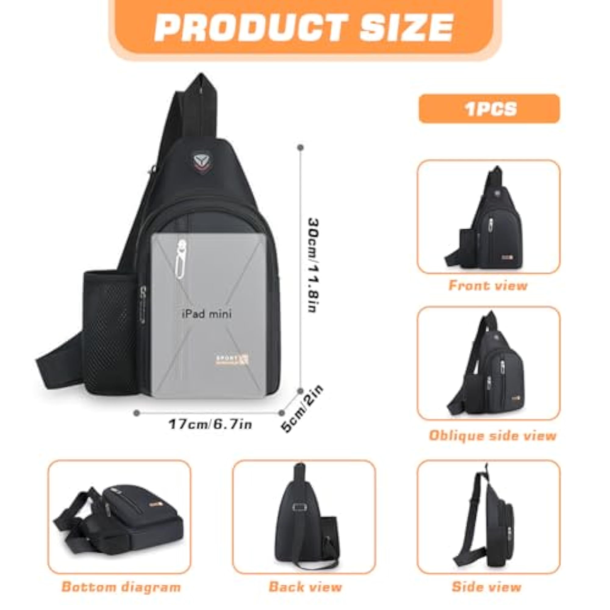 Men's Lightweight Oxford Cloth Sling Bag with USB Charging Port