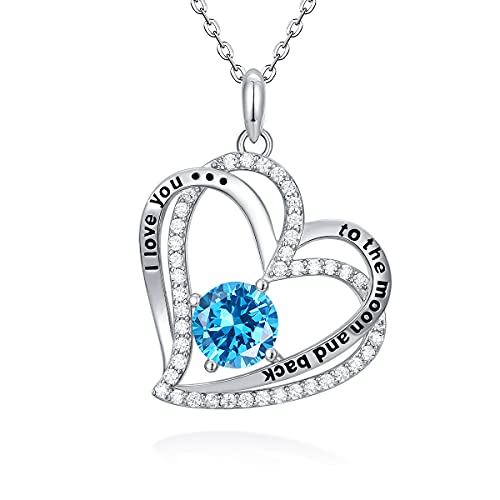 CRYSLOVE Herz Halskette Damen Kette 925 Sterling Silber I Love You to The Moon and Back 5A Kubik Zirkonia Zirkonia Geburtsstein Anhänger Kette Schmuck Geschenke für Mama Muttertagsgeschenk