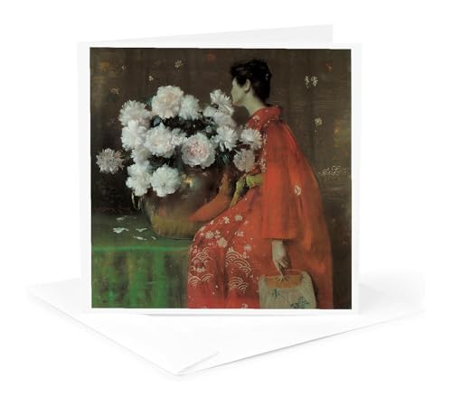 BLNԊGFineA[gRNV ? Peonies by William Merritt Chase Asian Woman with Flowers ? Greeting cards-1 Greeting Card with Envelope (