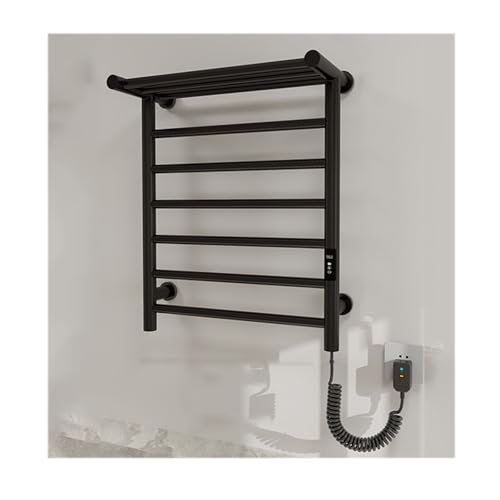 LYMGRZ Toallero calefactable de Pared con Estante Superior, Color Negro, con Enchufe a la Derecha, con Temporizador de Ajuste de Temperatura y Calentador de Toallas eléctrico para baño.