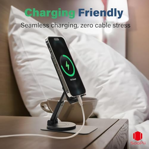 Image of SOOPII Rotatable Cell Phone Stand, Fully Adjustable Foldable Desktop Phone Holder, Height Adjustable Phone Stand with Charging Hole, Portable, Compatible with All Smart Phones, e-Reader, Black