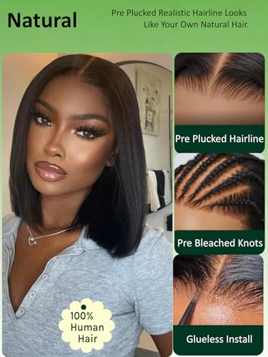 Image of KLAIYI Bye Bye Slip Bob Wig Human Hair Glueless Precut 7x5 HD Lace Front Wigs Drawstring Sleek Straight Pre Plucked Bleached Knots Pre Everything 30S Ready to Wear and Go Wig Beginner Friendly 14Inch