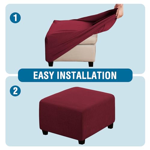 Image of H.VERSAILTEX Square Ottoman Covers Ottoman Slipcovers Folding Storage Stool Furniture Protector Form Fit with Elastic Bottom, Stretch High Spandex Small Checks Jacquard Fabric(Large,Burgundy Red)