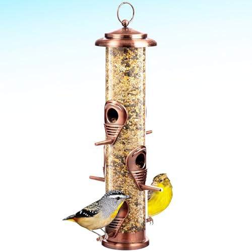 Bird Feeders for Outdoors (Brushed Metal Copper) Squirrel Proof Hanging Bird Feeders with Locking Lid & Adjustable Hanger, Chew-Proof, Weather Resistant 15 Inches 6 Port