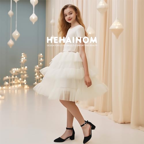 Image of Hehainom Girls Dress Shoes Chunky High Heels Ankle Strap Pumps | Pointed Closed Toe, Little Big Kid, Adjustable Buckle, Mary Jane, Wedding, Party, Communion, Flower Girl