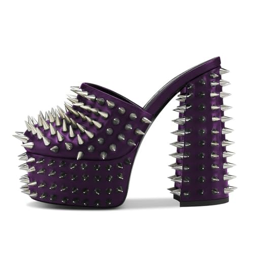 FSJ Women Studded Rivet Platform Sandals Mules Slip On Closed Round Toe Spiked Chunky Block High Heel Sexy Shoes Size 4-16 US4