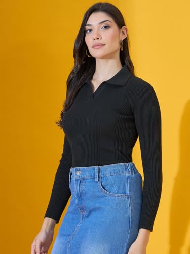 Image of 98 Degree North Women Spread Collar Sweater-G1577-BLACK