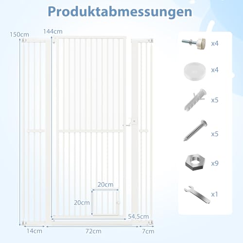 COSTWAY Türschutzgitter Hunde, Absperrgitter ganz hoch, 77-104 cm x 150 cm, Schutzgitter mit Kleiner Tür, 2 Erweiterungen, Türgitter ohne Bohren, Hundegitter ausziehbar, Sicherheitsgitter Metall, Weiß