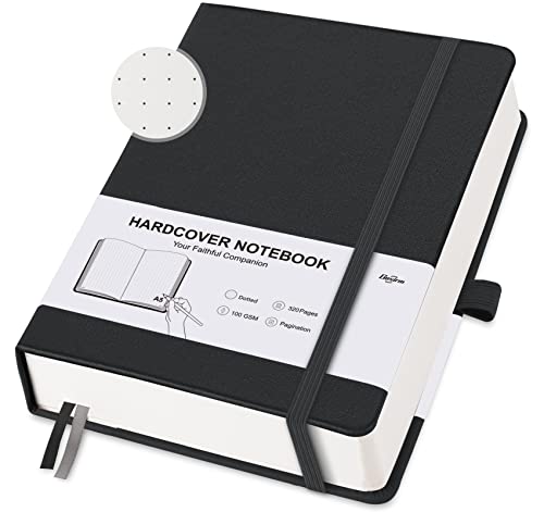 Notizbuch A5 Dotted Journal - 320 Nummerierte Seiten Hardcover Notizbücher mit Frei Haftnotizen Teiler/Innentaschen, 100g/m² Tintenfestes Papier, für Frauen Männer Büro Schule, Schwarz