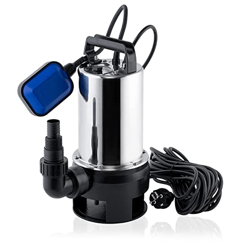 UISEBRT Bomba sumergible para agua sucia, 1100 W, 16500 l/h, máx. 10 m, altura de extracción, de acero inoxidable, bomba sumergible, bomba de jardín, con interruptor de flotador, IPx8