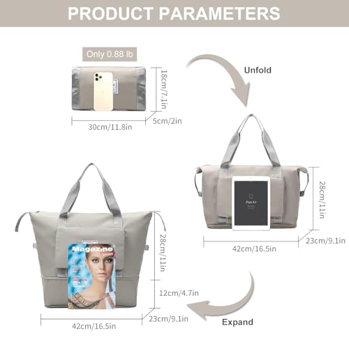 Image of Large Capacity Folding Travel Tote Bag, Oxford Fabric Waterproof Lightweight Foldable Travel Duffel Bag, Portable Expandable Travel Bag, Dry and Wet Separation Carry On Bag for Airplanes (Grey)