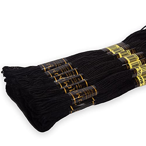 Image of 12 Pieces Black Colour Premium Embroidery Thread | 100% Egyptian Cotton Premium Skeins | Cross Stitch Embroidery Floss | Oeko TEX Certified Stranded Cotton (Black)