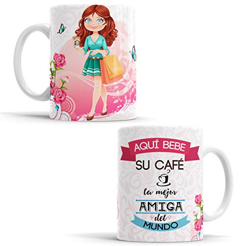 OyC Original y Creativo Taza Amiga - Taza Aquí Bebe la Mejor Amiga del Mundo/Taza aqui Bebe una Super Amiga/Taza con Frase y Dibujo (Amiga) Cover