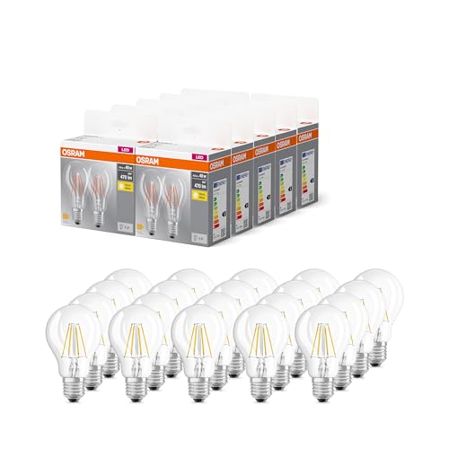 Osram BASE CLASSIC A FIL 40 LED-Lampe mit Sockel E27, klassische Kolbenform, Doppelpack, 4W, 470lm, 2700K, warmweißes Licht, geringe Wärmeentwicklung, lange Lebensdauer, energiesparend,20-Pack