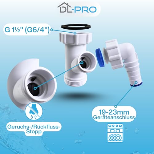 DL-pro Geräte-Zwischenstück 1 1/2 (DN40) für Siphon, Geräteanschluss Spül-/Waschmaschine, Geruchs- & Rückfluss-Stop (Gummilippe), Nachrüstung, für ausziehbare DN40-Siphonrohre, Adapter 19–23 mm