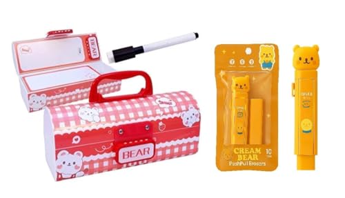 Image of Kawaii Bear Password Pencil Box Combo for Kids - Lockable Compass Case with Handle, White Board & Marker + Cream Bear Push Pull Refillable Eraser | School Gift Set