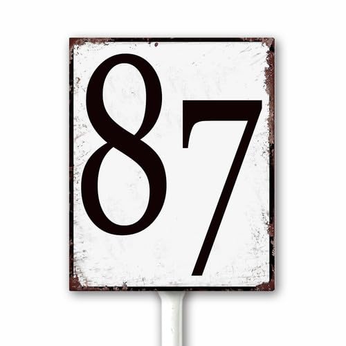 Aluminum Number Sign 87 Metal Numbered Yard Sign With Stake Outdoor for Tennis Court, Parking Lots, Floor, Dock, Court, Aisle, Field, Farm 18x22 CM High Visibility Rust Free (Retro White) — image 1