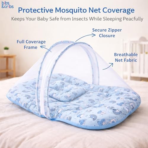 Image of Bibs & cribs Baby Bedding Set for New Born Mosquito Net for Newborn Infant 0 to 12 Months Soft Travel Sleeping Baby Bed Mattress with Pillow Portable Baby Nest for Boys and Girls