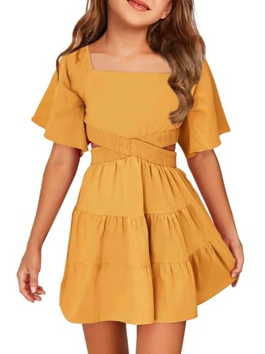 Batermoon Girls Summer Dress Square Neck Short Sleeve Crossover Waist
