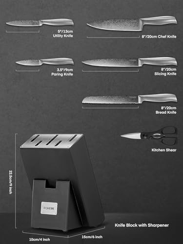 FOHERE Set Coltelli da Cucina Professionale con Tecnologia Avanzata di Affilacoltelli, 7 Pezzi, Coltelli da Cucina in Acciaio Inossidabile, Ceppo Coltello in Legno, Forbici da Cucina - immagine 3