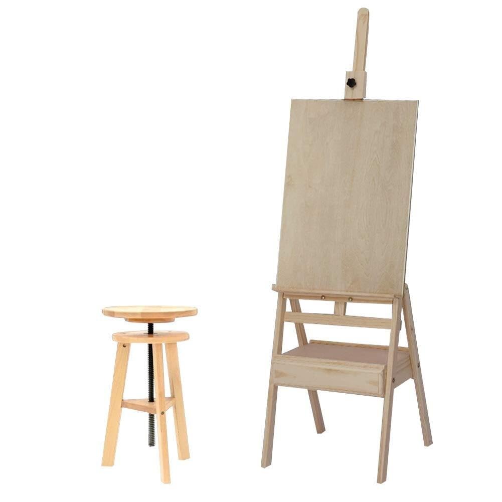 ASerZenith Wooden Easel With Storage Box & Shelf – Adjustable Artist Stand For Painting, Sketching & Atelier Use – Windproof & Durable,Pine Color-Easel+Stool