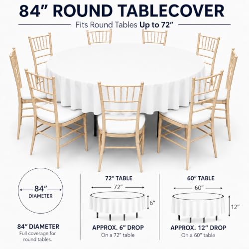 Image of Party Dimensions White Disposable Plastic Tablecloth, Round, 84 inch, 12 Pack | Disposable Waterproof Table Cover for Birthdays, Weddings, Graduations, Picnics & BBQs, Indoor /Outdoor, Fits Tables up to 72 inch