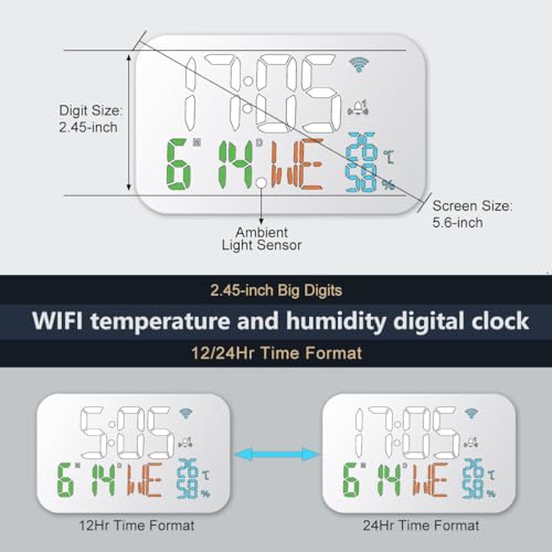 Digital Clock Alarm Clock WiFi Clock with Temperature Humidity,Calendar,Week,Accurate time,Snooze,12/24 H,Clock for Living Room,Office,Adults,4 Level of Brightness,Bedroom Clock White - Image 5