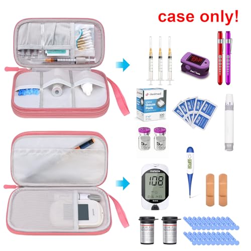 Image of Elonbo Diabetic Supplies Storage Bag, Portable Glucose Meter Carrying Case, Insulin Pen and Medication Travel Case for Glucose Meters, Insulin Pen, Test Strips, Lancets, Syringe, Small Ice Pack, Pink