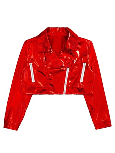 Image of Kids Girls Shiny Metallic Motorcycle Jacket PU Faux Leather Long Sleeve Hip Hop Jazz Dance Crop Top Coat Outwear