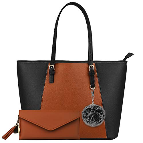 BestoU Sac a Main Femmes Cuir Sac à Bandoulière Grand D'épaule Fourre-Tout Portefeuille Combinaison de Couleurs Sac 2pcs (Marron/Noir)
