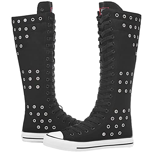 Image of ANUFER Women Fashion Canvas Dance Boots Knee High Bicycling Boots Girls Fancy School Shoes