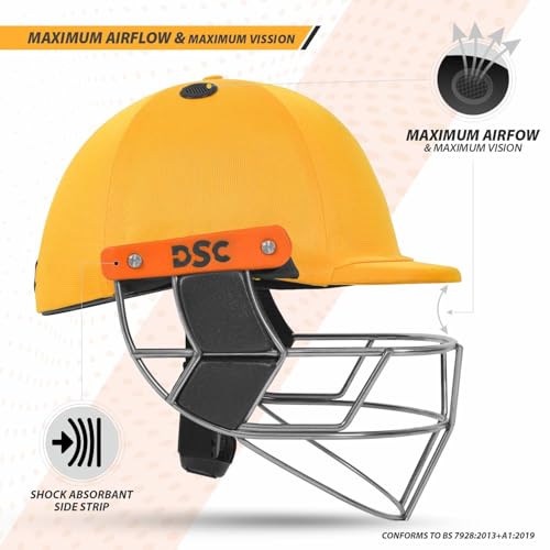 Image of DSC Empra Titanium BSI Approved Professional Cricket Helmet | BS7928 Certified Pro-Standard Hard Ball Helmet with Ultra-Light Titanium Grill & Advanced Shock Absorption | Color: Yellow | Size: M