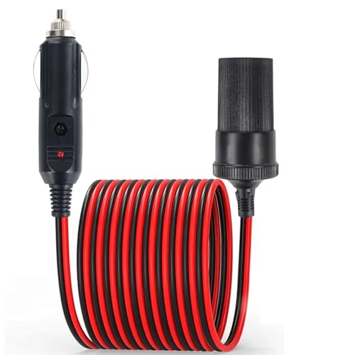 16FT/5M Car Cigarette Lighter Extension Cord 16AWG Heavy Duty Male Plug to Female Socket Adapter with LED Indicator and 15A Fuse for 12V/24V Trucks Vans RVs Portable Equipment