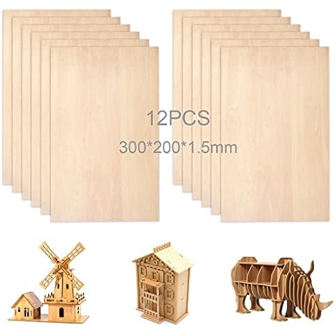 Punvot Sperrholzplatte, 12 Stück Balsa Holz Platten Sperrholz, Bastelholz-Platten, Balsaholz 300 x 200 x 1.5 mm, Holz Furnier Set, Pappelsperrholz für Laubsäge Handwerk Basteln Modell Flugzeug Schiff Cover