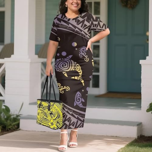 Image of Puletasi Samoan Traditional 2 Piece Outfits for Women Short Sleeve Crop Top and Maxi Skirt Sets Puletasi Dress