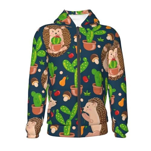 Cute Hedgehogs Cactus Blue Kids Pullover Hoodies Boys Zip Up Sweatshirts Girls Athletic Clothes with Pocket2