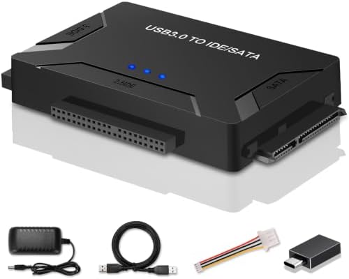 USB 3.0 to IDE/SATA Converter Hard Drive Adapter with Power Switch for 2.5"/3.5"SATA HDD/SSD & IDE HDD Drives Optical Drive, Support 6TB, Include 12V 2A Power Adapter & USB 3.0 Cable