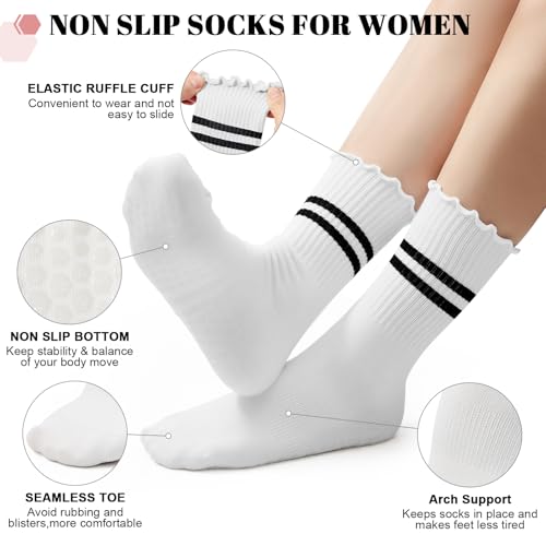 Image of American Trends Pilates Crew Socks for Women with Grips, Non Slip Ruffle Sock for Yoga Barre and Workout
