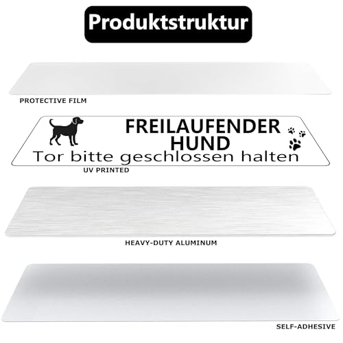 1 Stück Warnschild Hund Achtung Freilaufend, Aluminium mit Selbstklebend & Vorgebohrten Löchern, 25x9cm, Innen/Außen geeignet