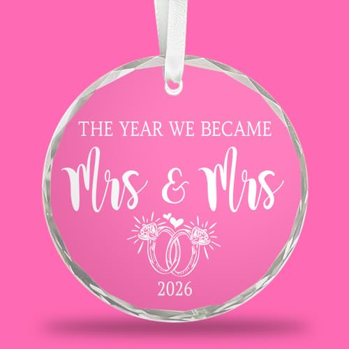 Lesbian Wedding Gift | 2026 Mrs and Mrs Crystal Christmas Ornament Elegant Beveled Edges with Ribbon & Gift Box