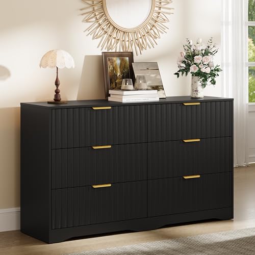 Image of Fluted 6 Drawer Dresser for Bedroom, 55 inch Wide Modern Wooden Chest of Drawers with Metal Handles, TV Stand & Closet Storage Organizer for Living Room,Hallway, Black