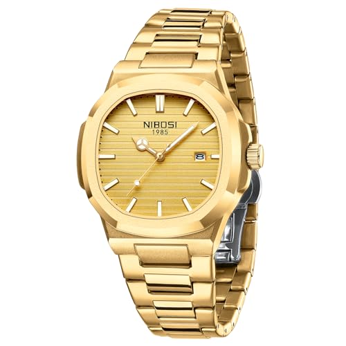 NIBOSI Men Watches Analog Quartz Stainless Steel Military Watches for Men Waterproof Business Classic Desiger Wrist Watch Date (Gold)